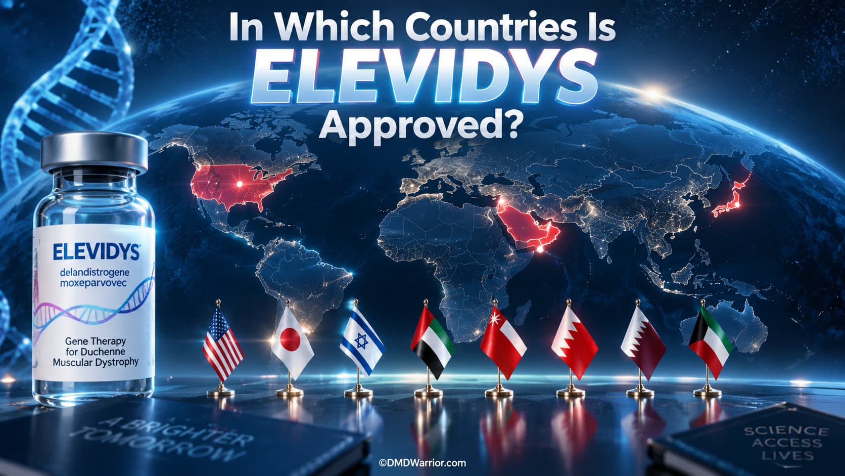 Dans quels pays le Elevidys est-il approuvé ? Carte du monde montrant les pays où la thérapie génique Elevidys est approuvée pour la dystrophie musculaire de Duchenne.