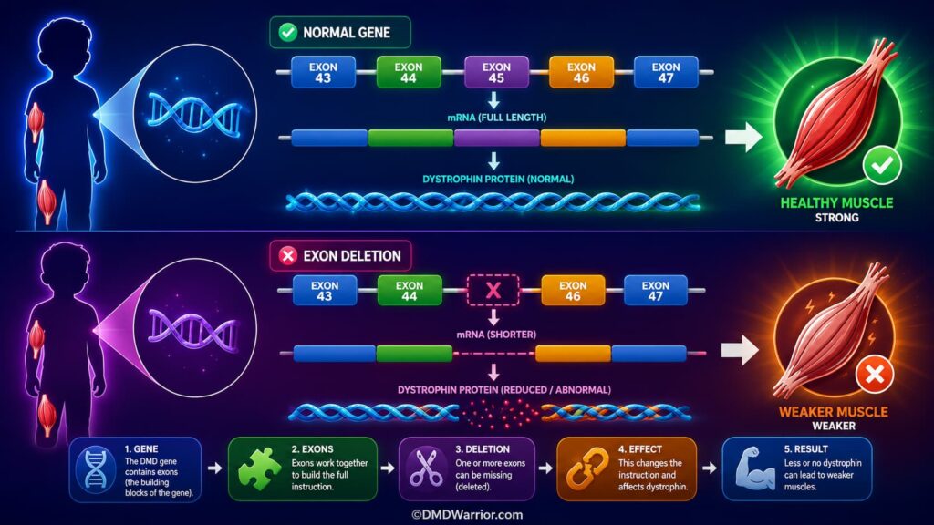 Was ist eine Exon-Deletion? Exon-Deletionen bei Duchenne-Muskeldystrophie verstehen 5 Exon-Deletion im DMD-Gen: Fehlendes Exon und dessen Auswirkung auf Dystrophin und Muskeln