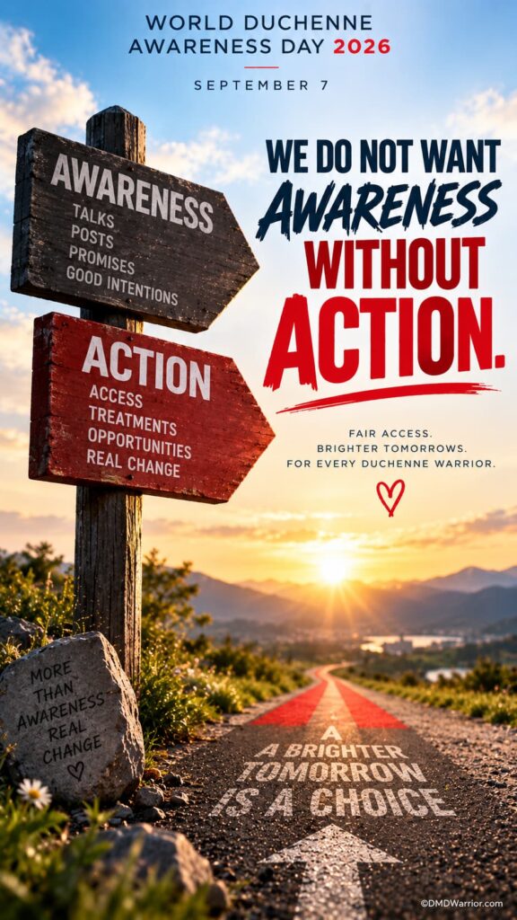 World Duchenne Awareness Day 2026 (#WDAD2026) 6 World Duchenne Awareness Day 2026 poster showing road signs for awareness and action with a call for fair access to treatments
