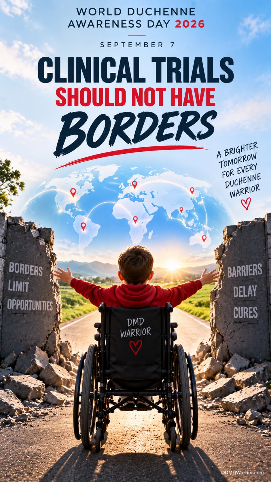 World Duchenne Awareness Day 2026 (#WDAD2026) 1 World Duchenne Awareness Day 2026 poster showing a global map and a Duchenne warrior facing broken barriers with the message Clinical Trials Should Not Have Borders