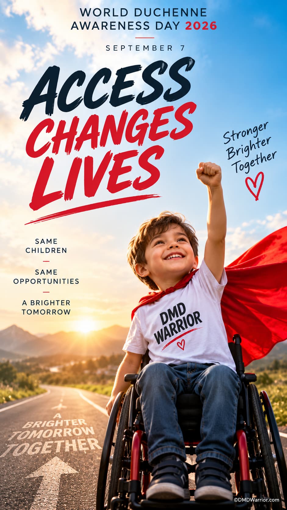 World Duchenne Awareness Day 2026 (#WDAD2026) 2 Smiling boy in a wheelchair raising his fist under the message Access Changes Lives for World Duchenne Awareness Day 2026