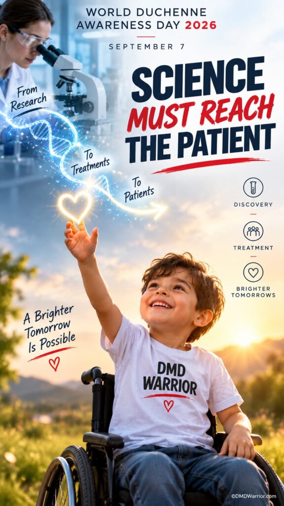 World Duchenne Awareness Day 2026 (#WDAD2026) 4 Smiling boy in a wheelchair reaching toward a glowing DNA symbol while research leads toward treatment and patients