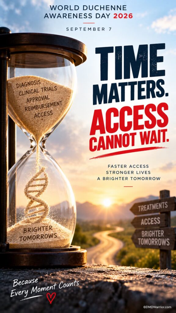 World Duchenne Awareness Day 2026 (#WDAD2026) 5 Hourglass with falling sand forming a DNA helix beside a road toward a brighter future for Duchenne patients