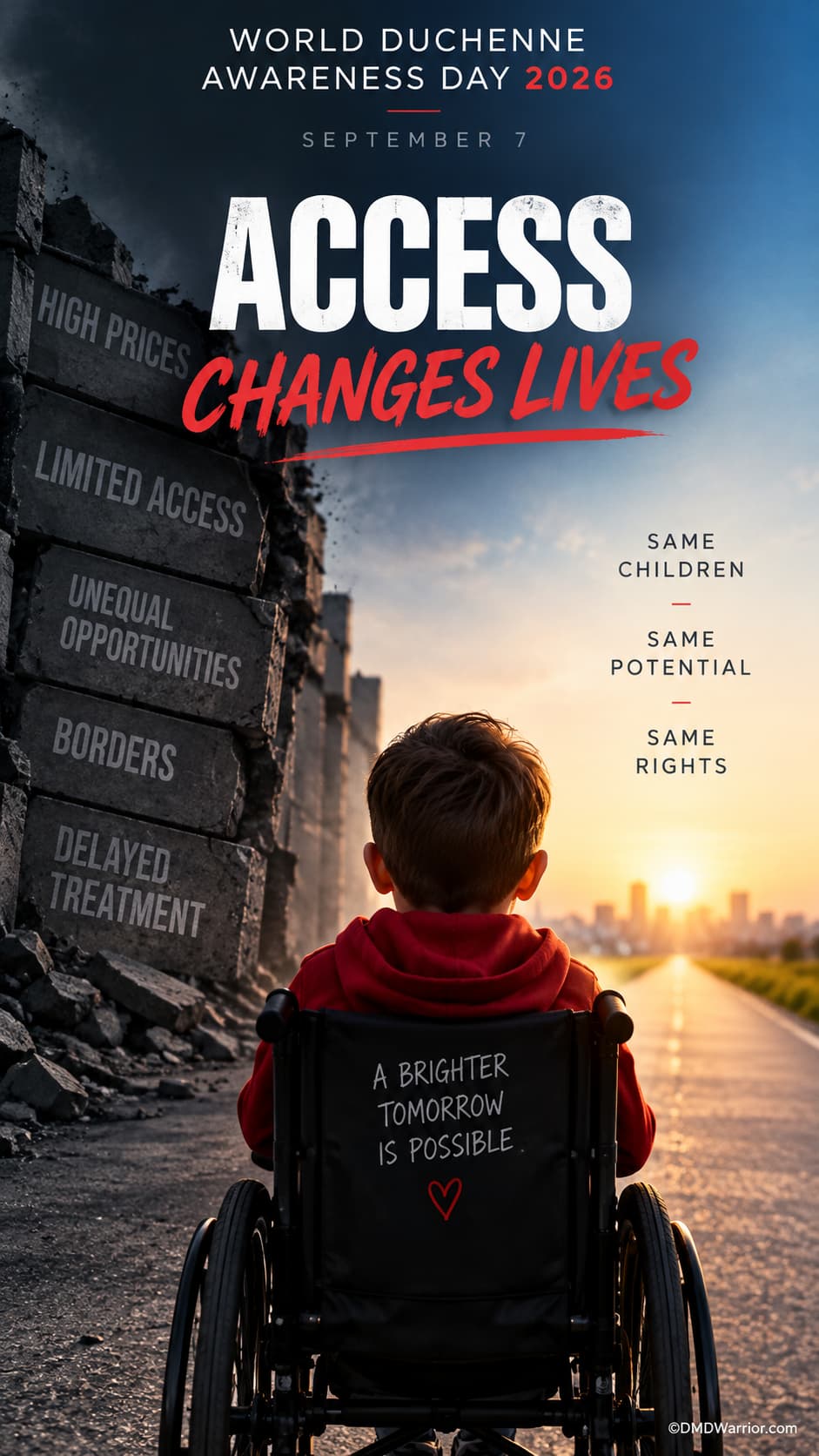 World Duchenne Awareness Day 2026 (#WDAD2026) 3 World Duchenne Awareness Day 2026 poster showing a boy in a wheelchair facing a brighter road and calling for fair access to Duchenne treatments