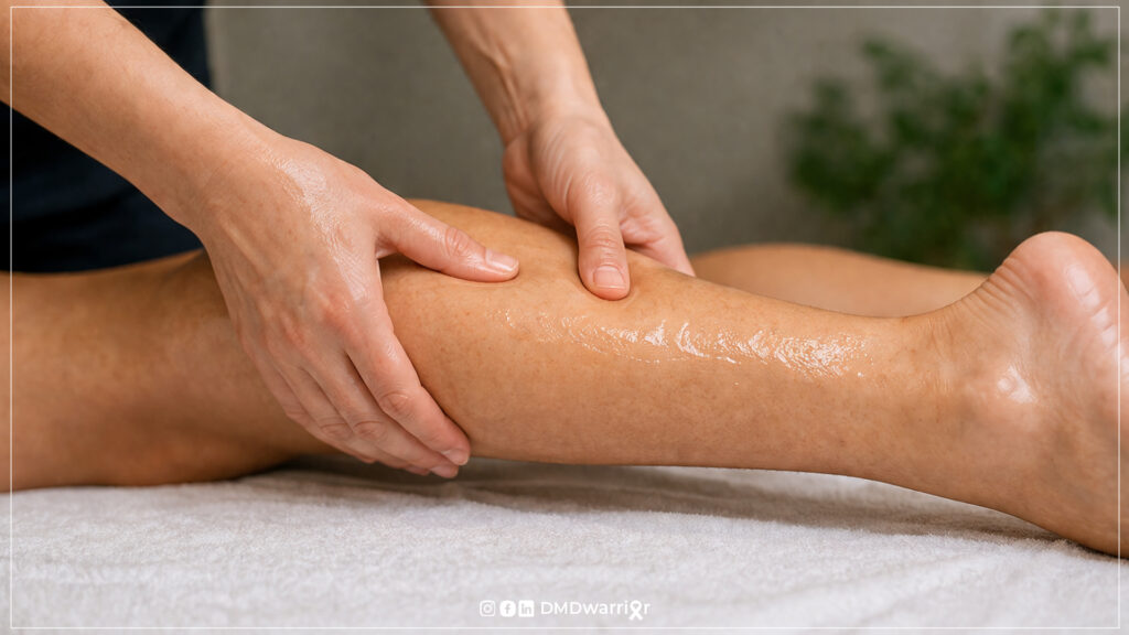 Gentle calf massage with oil applied, showing proper technique for enlarged calves