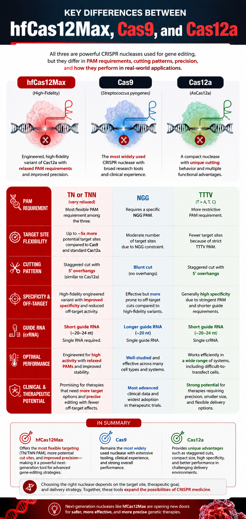 Vertical CRISPR infographic showing key differences between hfCas12Max, Cas9, and Cas12a technologies