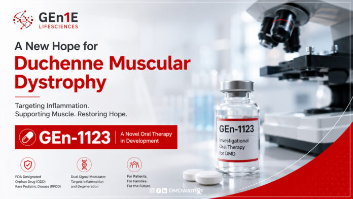 GEn-1123: A Novel Oral Therapy for Duchenne Muscular Dystrophy GEn-1123 investigational oral therapy for Duchenne muscular dystrophy developed by GEn1E Lifesciences