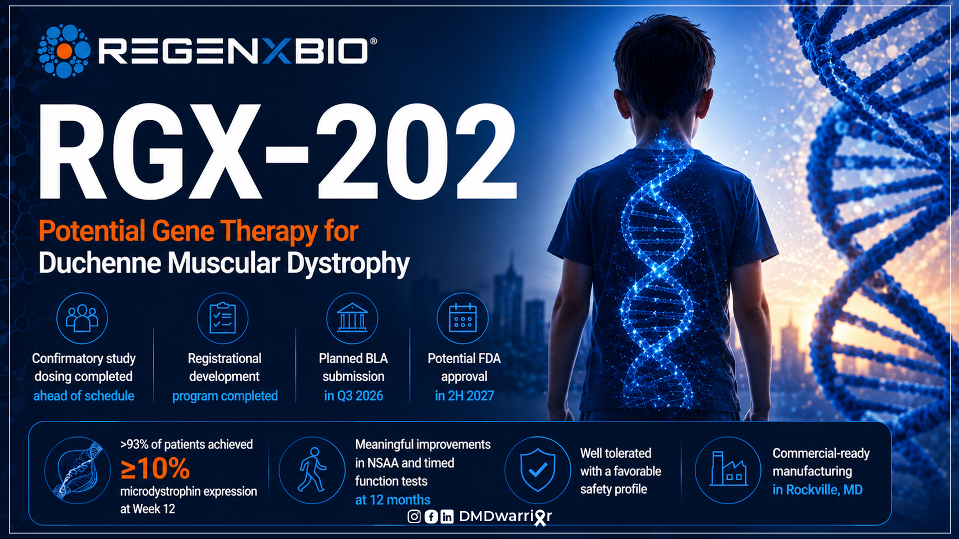 DMD परीक्षण में RGX-202 ने 10 प्रतिशत माइक्रोडिस्ट्रोफिन अभिव्यक्ति प्रदर्शित की। ड्यूशेन मस्कुलर डिस्ट्रॉफी के लिए REGENXBIO RGX-202 जीन थेरेपी नैदानिक विकास के महत्वपूर्ण पड़ावों और माइक्रोडिस्ट्रोफिन अभिव्यक्ति परिणामों को दर्शाती है।