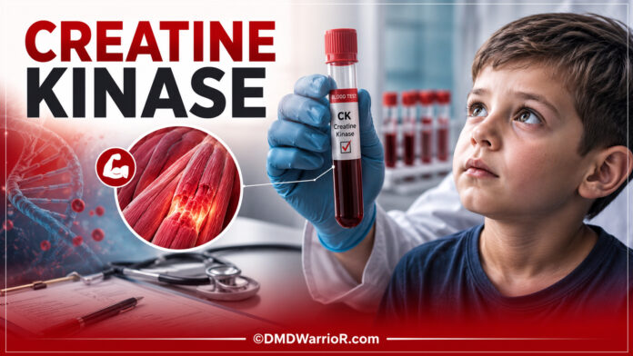 Understanding Creatine Kinase Level in Duchenne Muscular Dystrophy Creatine kinase level in Duchenne muscular dystrophy illustrated with a CK blood test, skeletal muscle damage, and pediatric patient.