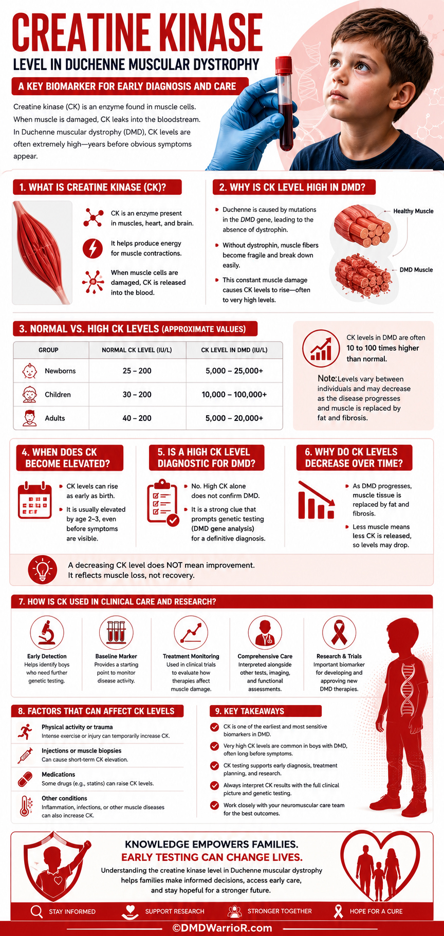 Creatine Kinase Level in Duchenne Muscular Dystrophy: Normal Ranges, High CK Levels, Diagnosis, Blood Tests & FAQs 1 Infographic explaining creatine kinase level in Duchenne muscular dystrophy, including CK blood test results, normal ranges, diagnosis, biomarkers, and disease progression.
