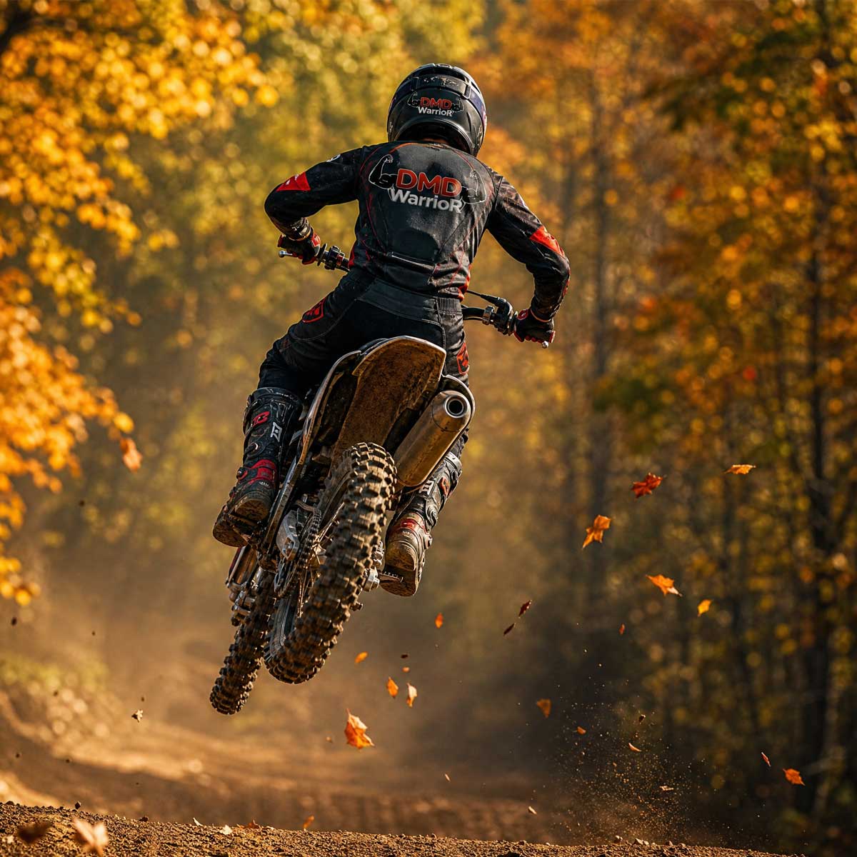DMD Warriors can overcome any challenge. Duchenne muscular dystrophy awareness motocross rider performing a jump in autumn
