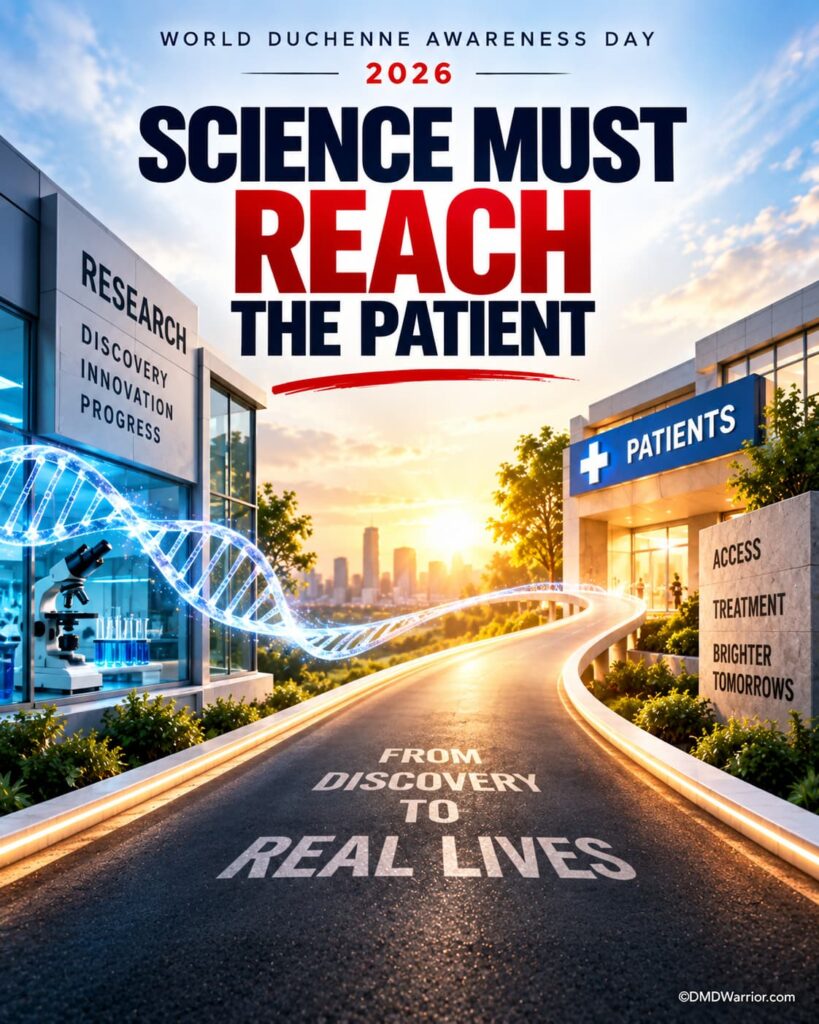 World Duchenne Awareness Day 2026 (#WDAD2026) 10 World Duchenne Awareness Day 2026 graphic representing the journey from Duchenne research and discovery to treatments and patients