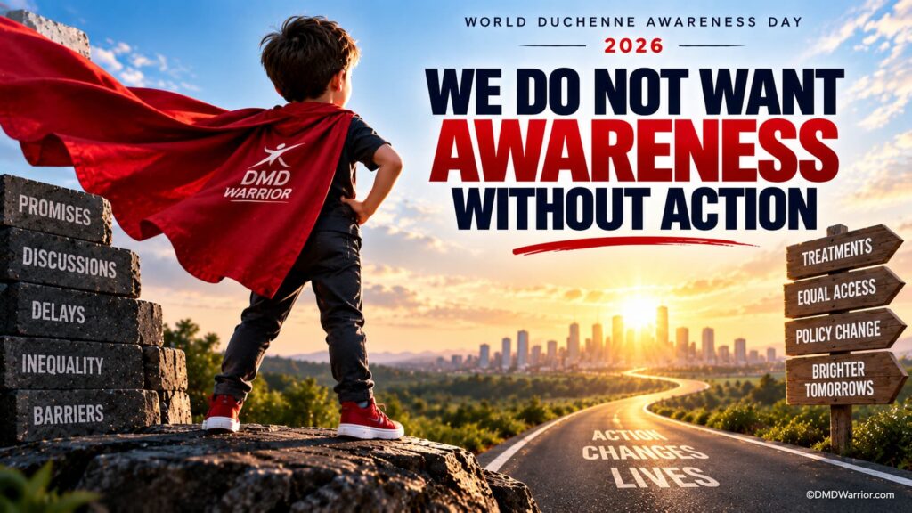 2026年世界杜氏肌营养不良症宣传日(#WDAD2026)1 Determined boy wearing a red DMD Warrior cape overlooking a bright future in a World Duchenne Awareness Day 2026 campaign image
