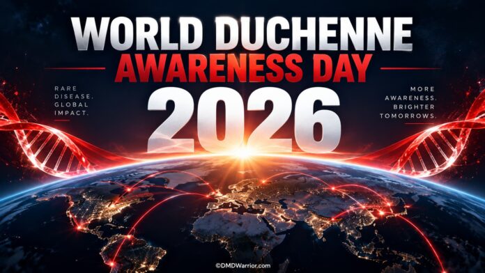 World Duchenne Awareness Day 2026 World Duchenne Awareness Day 2026 campaign graphic with a glowing global map and DNA helix representing worldwide Duchenne awareness