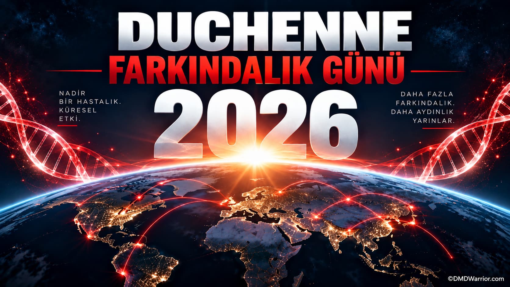 Dünya DMD Farkındalık Günü 2026 Dünya Duchenne Farkındalık Günü 2026 kampanyası için hazırlanan, dünya çapında Duchenne farkındalığını temsil eden parlayan bir küresel harita ve DNA sarmalı içeren grafik.